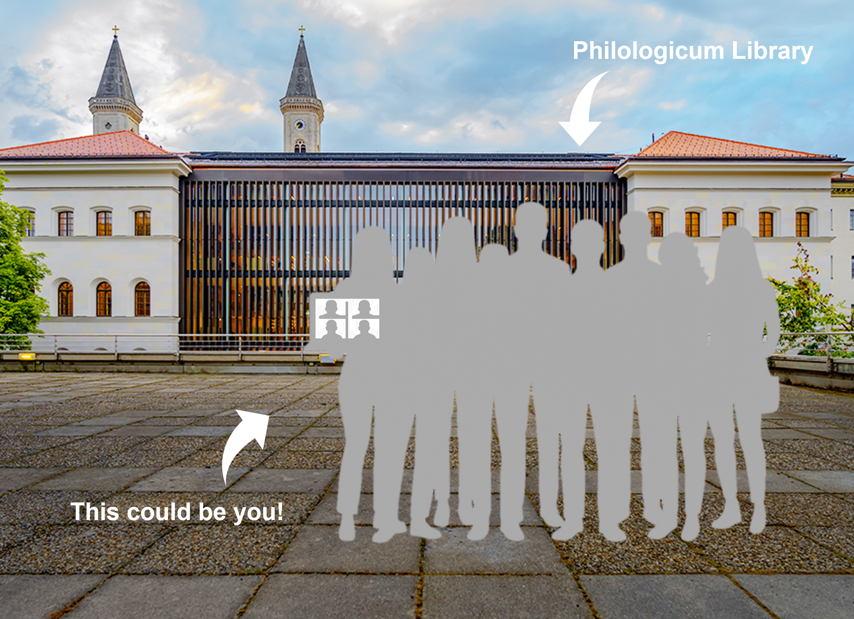 photo of the philologicum library building, with a long middle part with a glass wall flancked by stone building parts. In front of the building, there is a profile outline of an anonymous group of people, one of them holding a laptop facing us with other people on the screen. An arrow points to the group of people and laptop, labelled 'this could be you!'