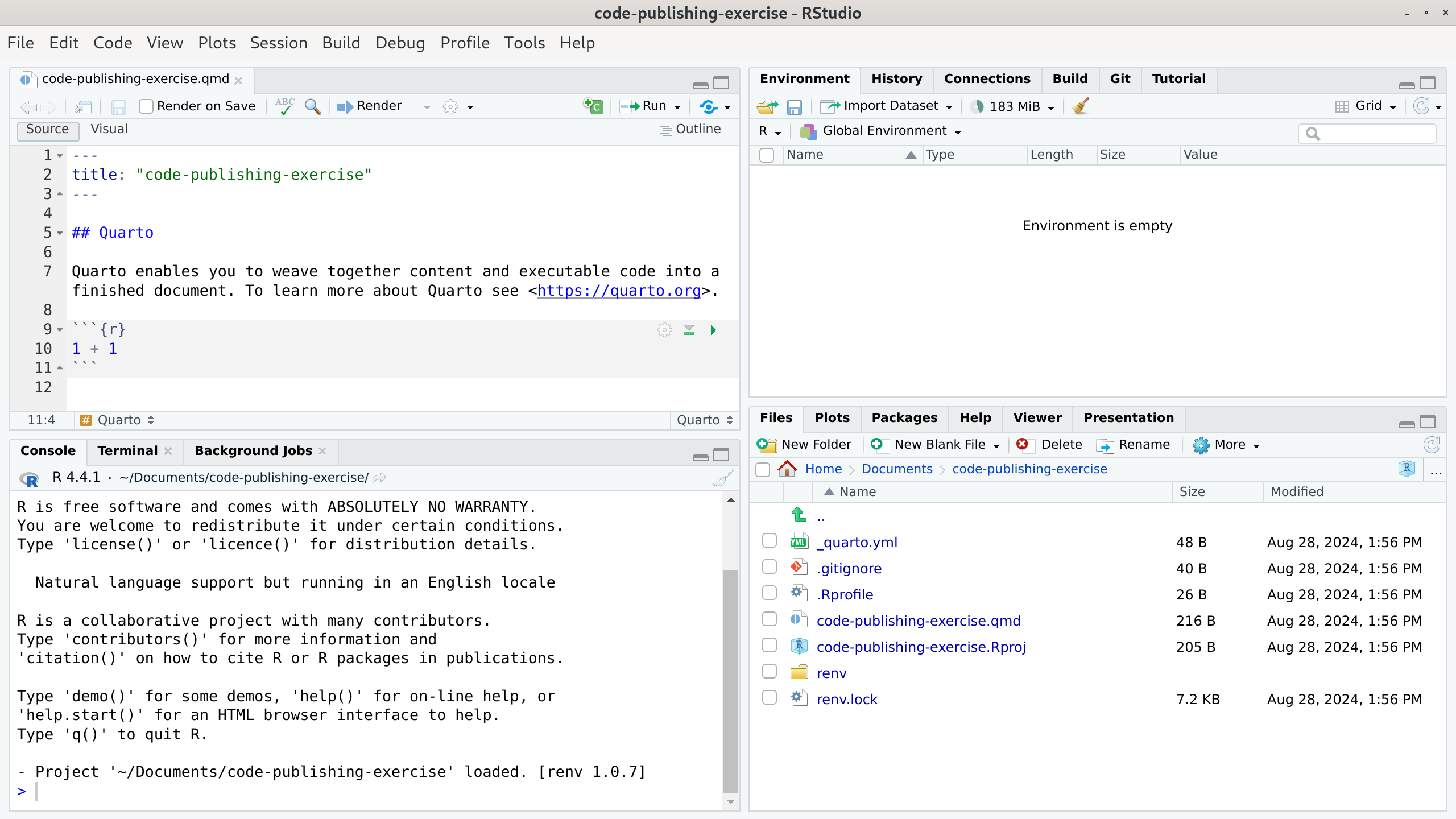 The project `code-publishing-exercise` opened in RStudio. The source pane to the top left has a Quarto file open called "code-publishing-exercise.qmd". The console pane to the bottom left indicates by its output that renv is active in the current project. The environment pane to the top right indicates that the environment is currently empty. The output pane to the bottom right shows the files in the current project.