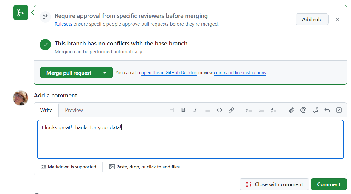 A screenshot of a GitHub pull request ready to merge, showing a comment box with the text ‘It looks great! thanks for your data.’