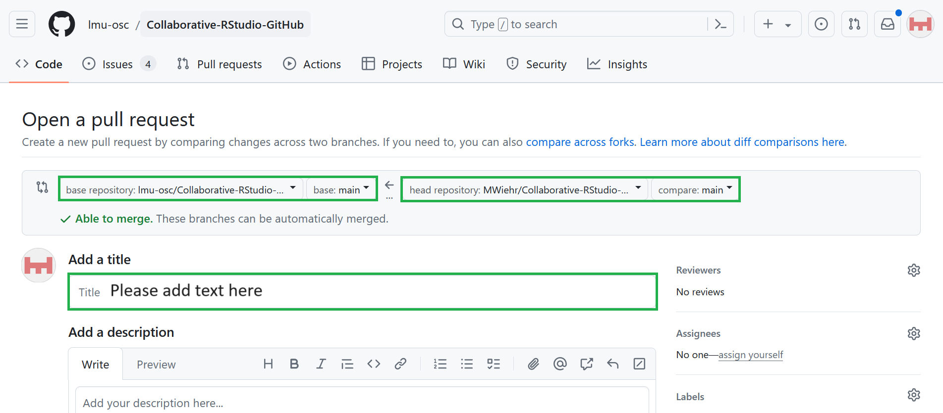A screenshot of the GitHub page showing the ‘Open a pull request’ interface where the base and head repositories are highlighted in green boxes, and the title field says ‘Please add text here.’