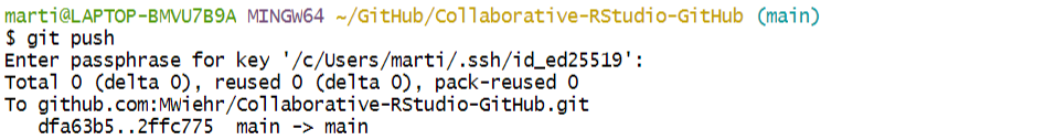 A screenshot of an RStudio terminal showing the command ‘git push’ with a successful push to the GitHub repository.