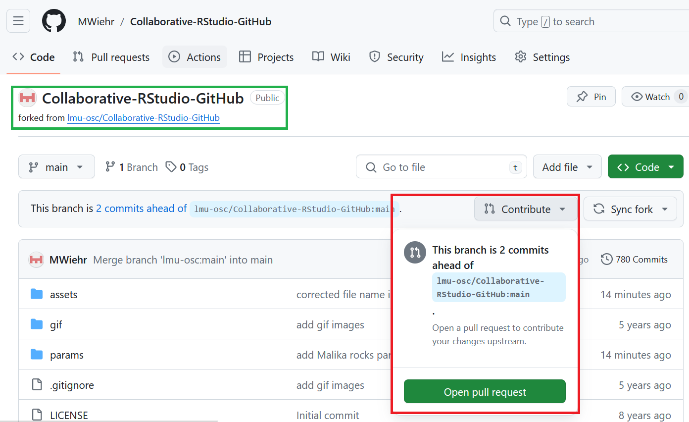A screenshot of the forked GitHub repository highlighting the button 'Open pull request' that appears when you click the 'Contribute' button.