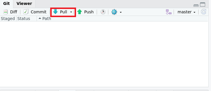 A screenshot of the 'Git' tab in RStudio with the 'Pull' button highlighted in a red box.