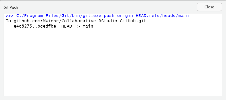 A screenshot showing the message one would receive if the push action was successfully completed.