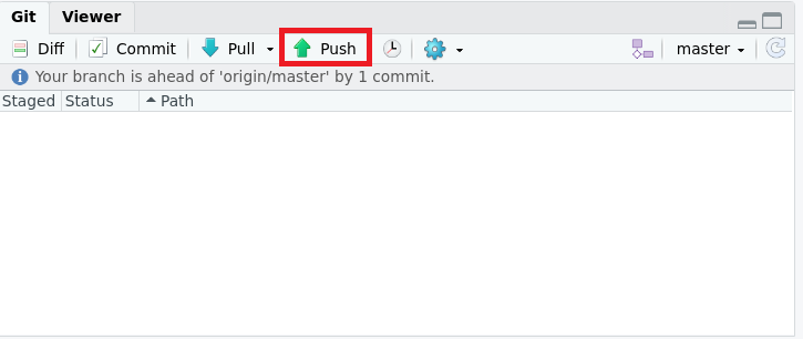 A screenshot of the 'Git' tab in RStudio highlighting the button 'Push' on the toolbar to push the changes to GitHub.