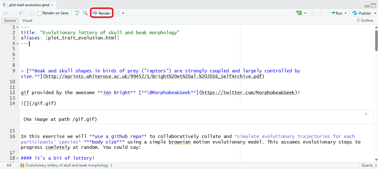 A screenshot of a Quarto file in RStudio showing the Render button highlighted in a red box and example code for an HTML document.