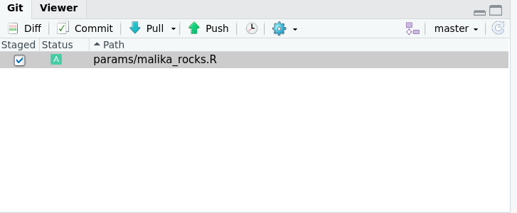 An image of the 'Git' tab in RStudio where the copied file is selected