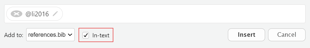 An image showing the citation key 'li2016' and a red rectangle highlighting the ticked In-text checkbox.