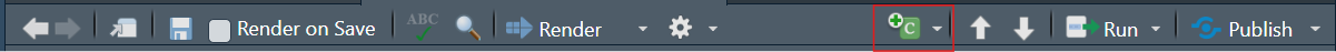 A screenshot of an RStudio toolbar with a red rectangle highlighting the 'Insert a new code chunk' action button which is a green square with a the letter C in its center and a green plus icon to its top-left.