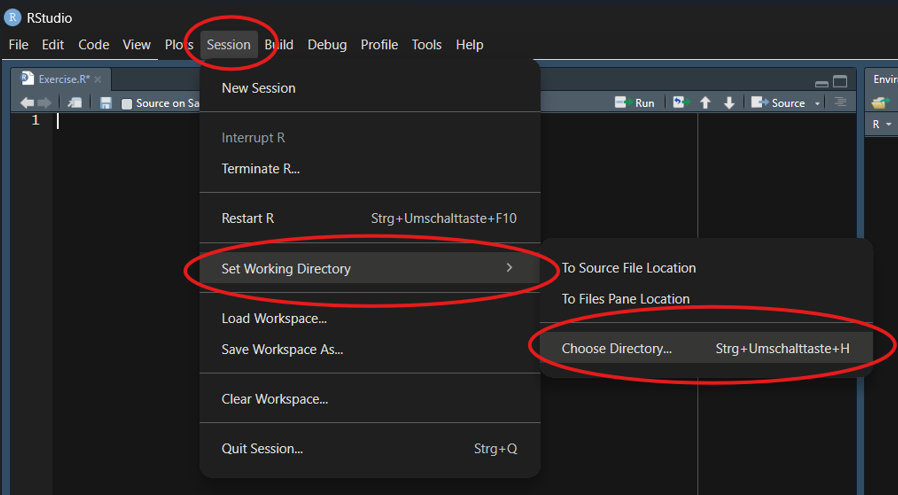 Screenshot of the RStudio session tab menu with red circles around the steps to set the working directory