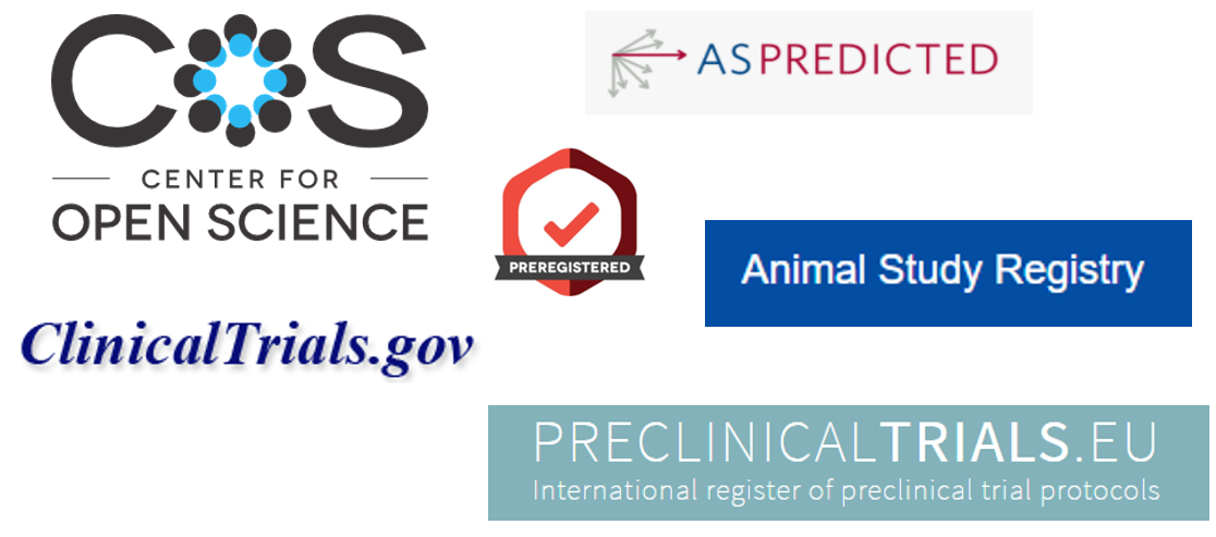 Resources for preregistration including aspredicted.com, Center for Open Science, Animal Study Registry, ClinicalTrials.gov and PreclinicalTrials.eu