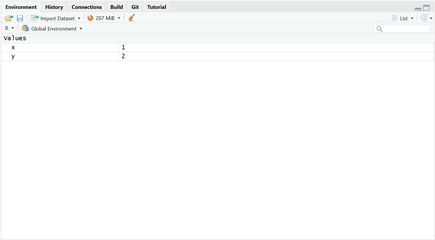 Environment Pane Screenshot with x and y as objects