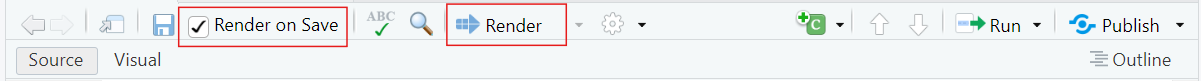 A screenshot of a menu bar in an RStudio workspace with red rectangles highlighting the 'Render on Save' checkbox and 'Render' button.