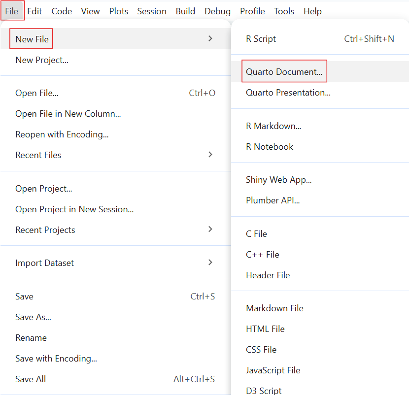 An image of the drop-down menu in RStudio's File tab highlighting the 'New File' option and then the selection of the 'Quarto Document' option.