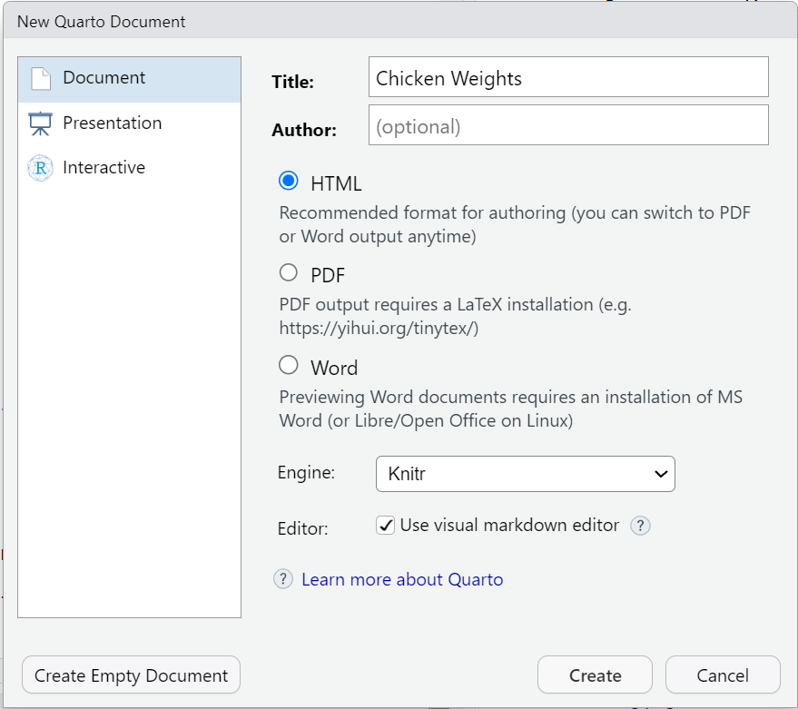 This image shows the setup screen when creating a New Quarto Document for actions such as setting the title, author, and output format.