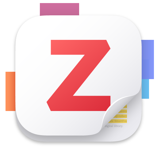 An image of Zotero's logo. The letter Z in the color red is placed in the center of a white square with rounded edges. The lower-right corner is lifted to reveal written words underneath and four colored tabs are placed around the square.