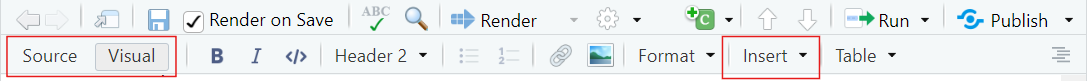 A screenshot of an RStudio toolbar with red rectangles highlighting the 'Source/Visual' mode options and the 'Insert' function.