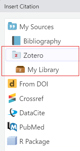 A screenshot of the dropdown menu under 'Insert' with a red rectangle around the 'Zotero/My Library' option.