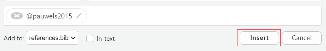 An image showing the citation key 'pauwels2015' and a red rectangle highlighting the 'Insert' option.