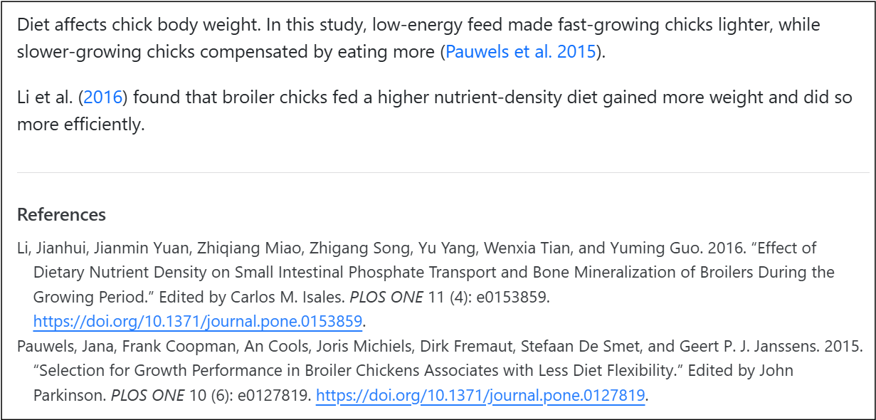 A screenshot showing two sentences about chick body weight including citations and a bibliography below.