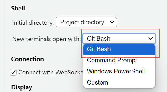 A screenshot displaying the 'Git Bash' option being selected from the dropdown menu under 'New terminals open with:'.