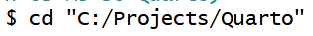 Screenshot of the Terminal with the 'cd' command setting the directory to 'Quarto'.