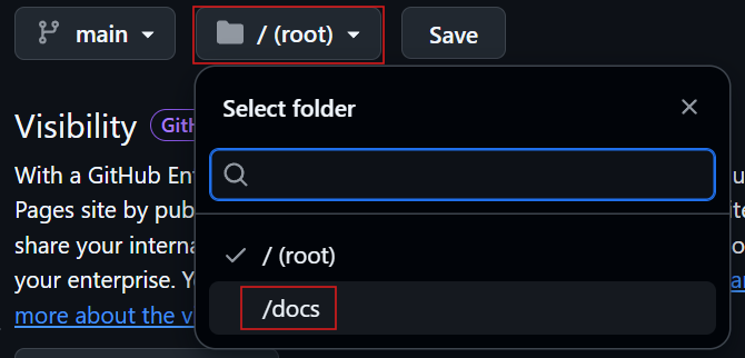 A screenshot of the settings on a GitHub repository where the action of changing '/root' to '/docs' is highlighted with red rectangles.