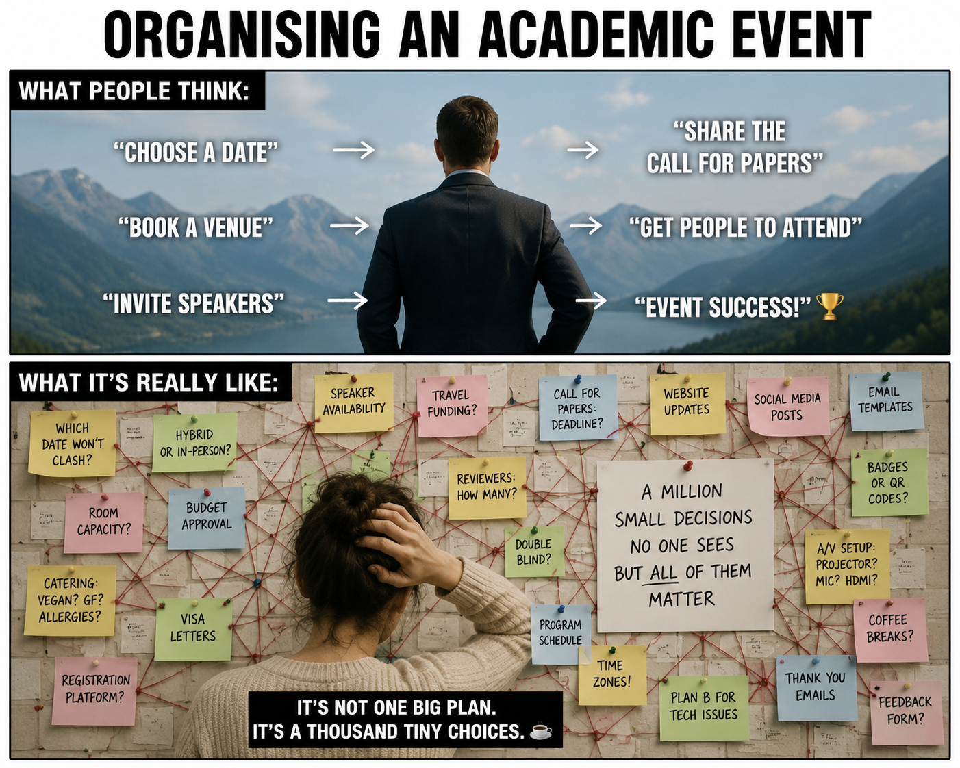 image with the title organizing an academic event with a person standing in the middle and looking at an idyllic piece of nature with the subtitle what people think, underneath a blackboard covered in postits depicting what organizing an event is like in reality