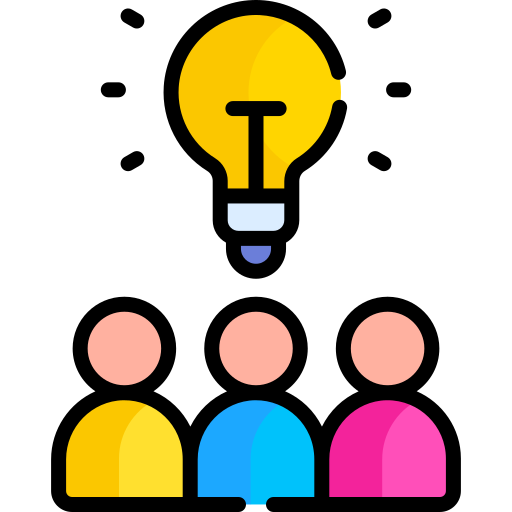 icon depiciting multiple persons in the center with a large lightbulb floating over them representing the act of brainstorming